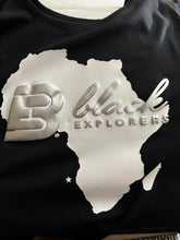 Load image into Gallery viewer, Black Explorers on the Continent Blk &amp; White Long T-Shirt Design
