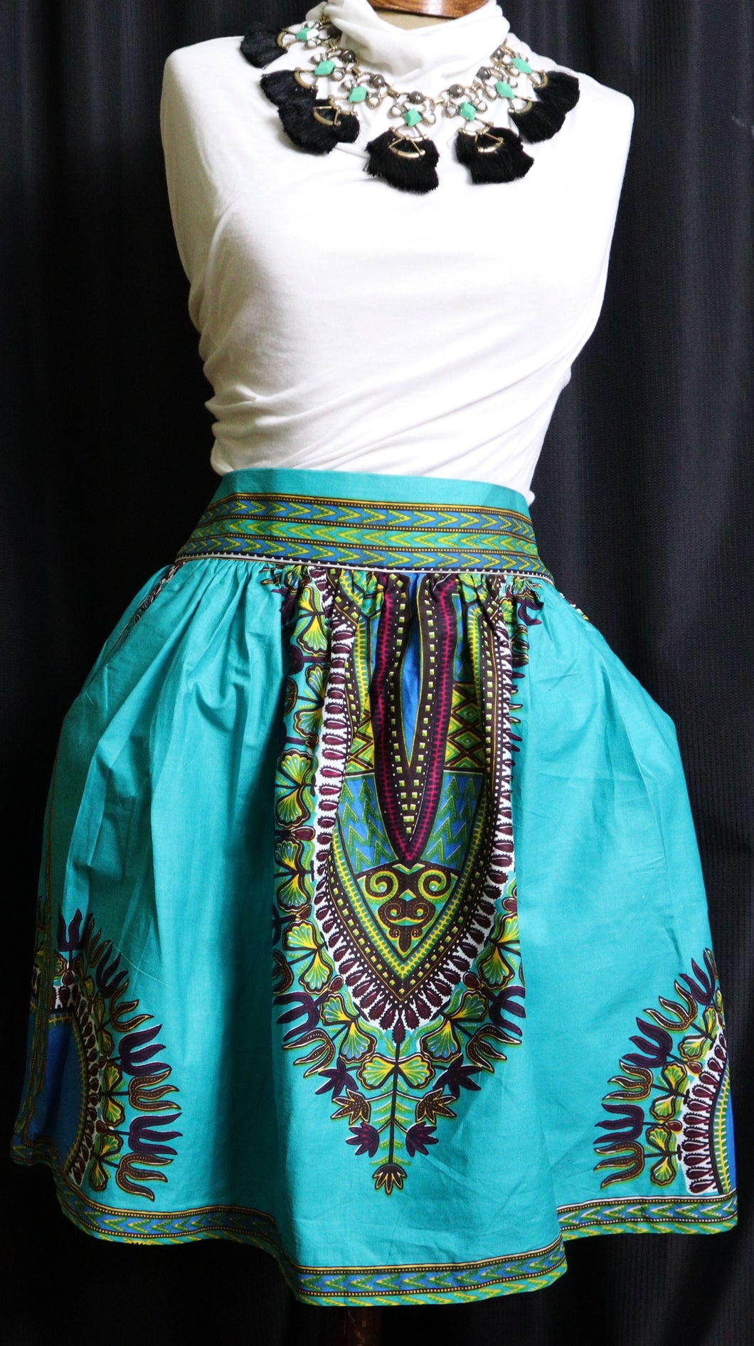 Pom Pom Dashiki Turquoise Skirt (Plush Size)